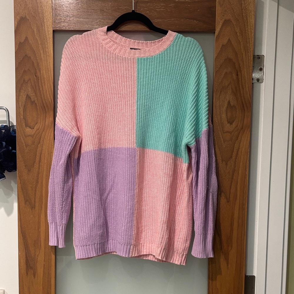 Pastel Colorblock Pink Lavender Aquamarine Knit Sweater